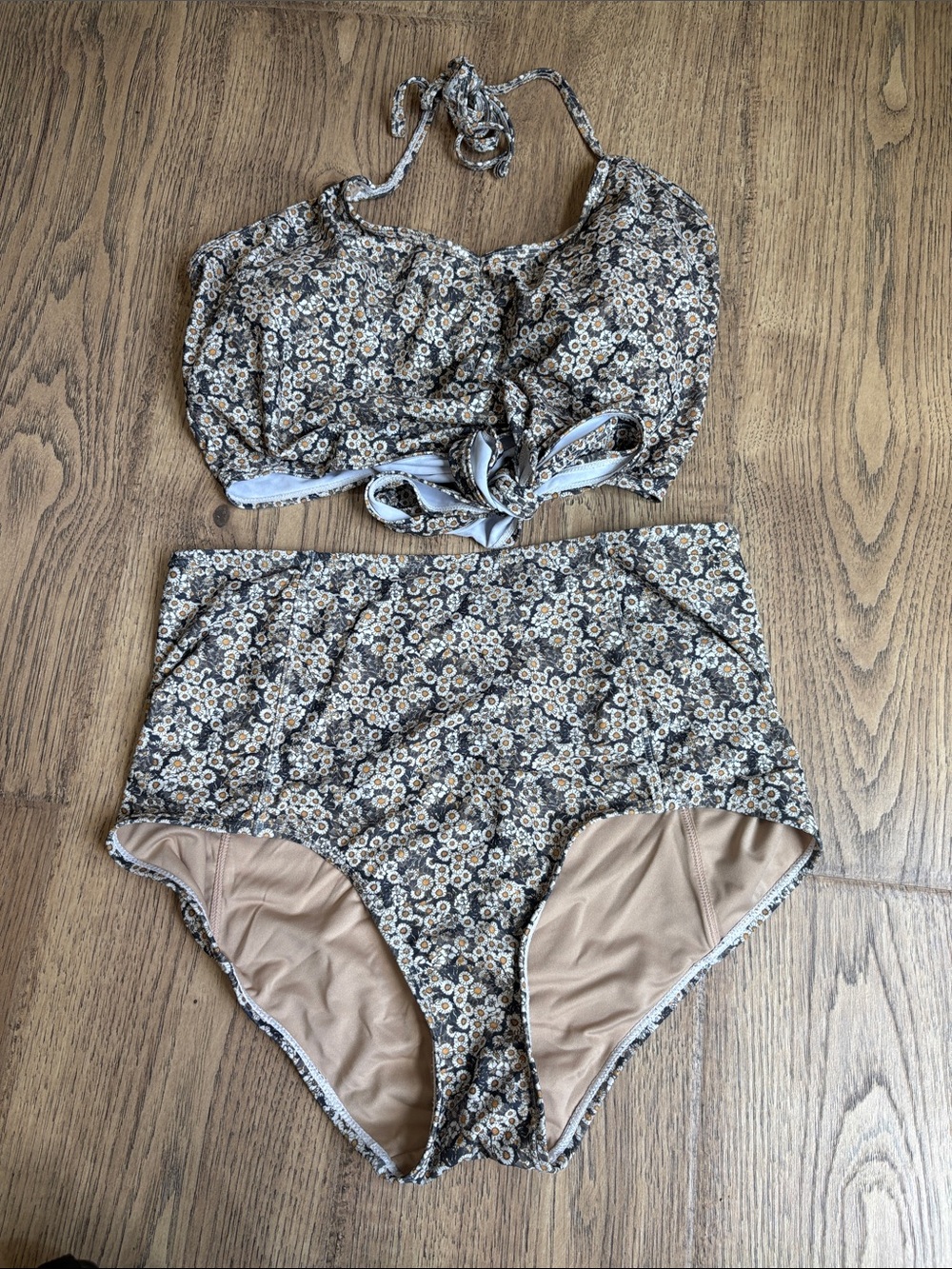 Kortni Jeane Floral High-Waist Bikini Set in Black, White, Tan